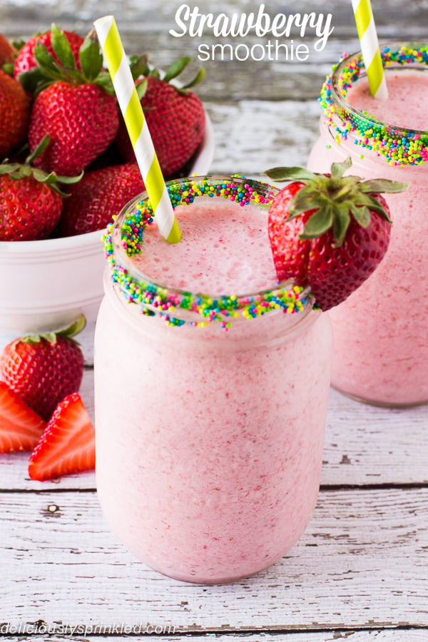 Easy Strawberry Smoothie recipe for the perfect on the go breakfast smoothie by Deliciously Sprinkled.jpg