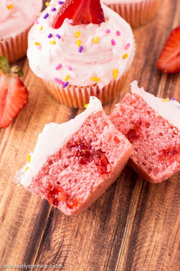 Easy strawberry cupcakes recipe using a cake mix by Deliciously Sprinkled