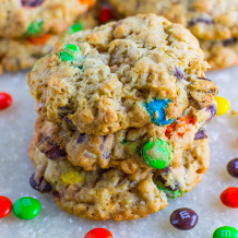These Monster Cookies are oatmeal cookies with chocolate chips, M&Ms, and toffee bites.
