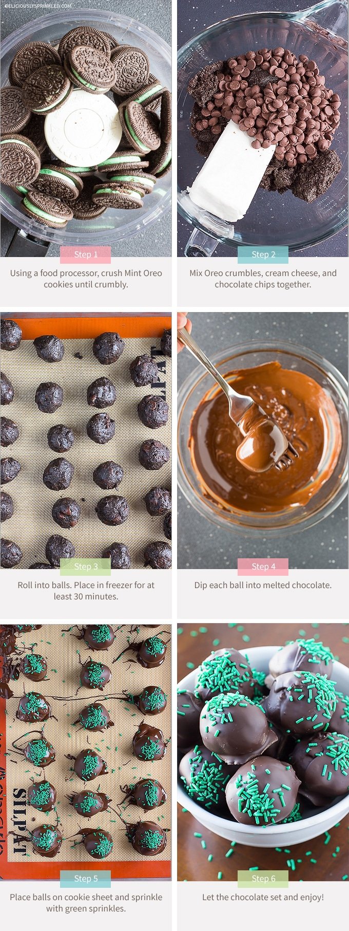 The steps for making mint oreo truffles are displayed in six separate images.