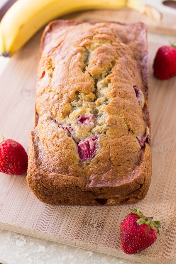 strawberry banana bread on cutting board