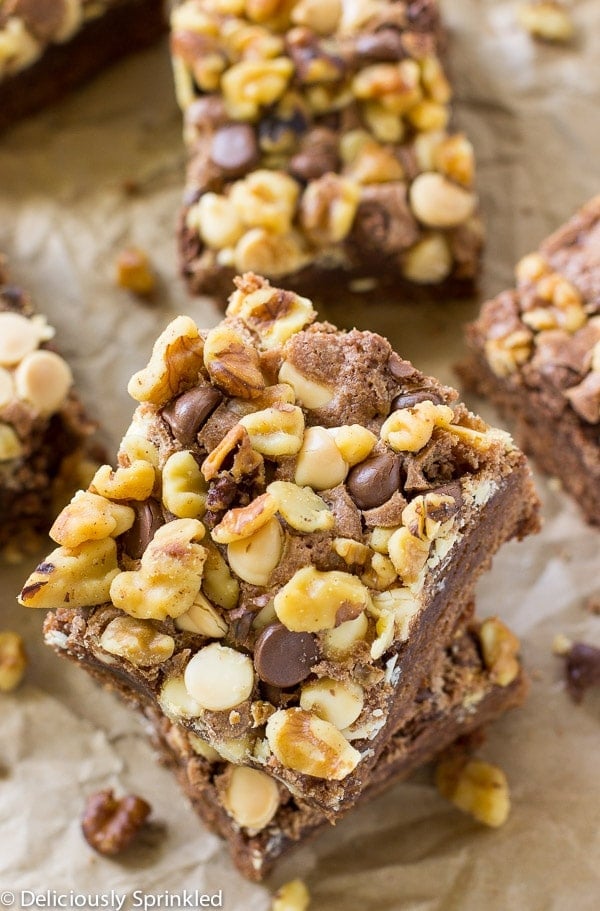 These homemade brownies are fudgy and topped with chocolate chips and walnuts making them the best brownie recipe you'll ever need.