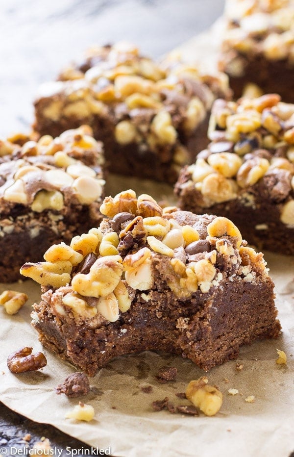 These homemade brownies are fudgy and topped with chocolate chips and walnuts making them the best brownie recipe you'll ever need.