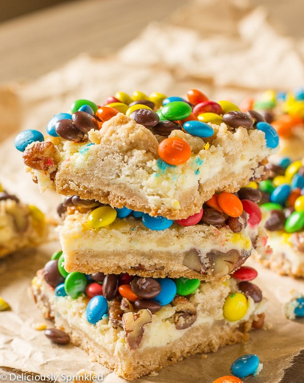 M&M Cookie Bars-perfect dessert recipe for potlucks, holiday parties and picnics.