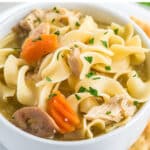 crockpot chicken noodle soup in a bowl