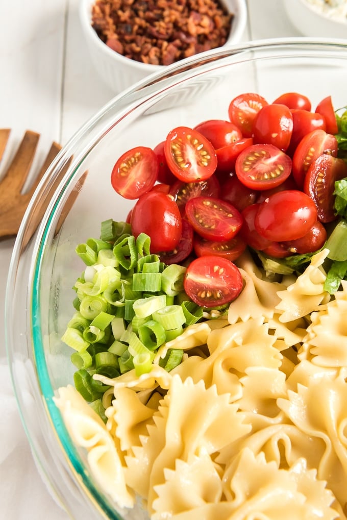 BLT pasta salad ingredients in a bowl