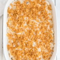 prepped cheesy hash brown casserole in baking dish