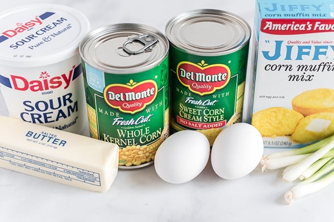 corn casserole recipe ingredients on table