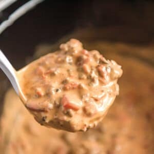 A ladle of the slow cooker queso over the slow cooker pot.