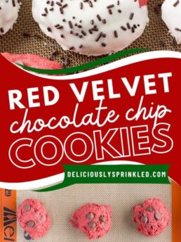 red velvet chocolate chip cookies dipped in white chocolate.