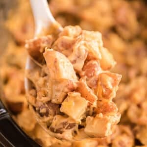 A spoonful of slow cooker cheesy potatoes up over the slow cooker.