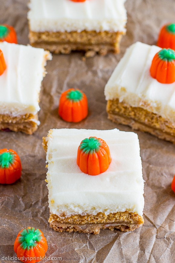 pumpkin cheesecake bars laid out to serve