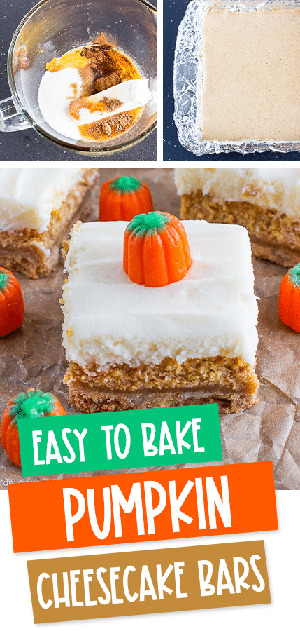 collage of pumpkin cheesecake images with text that reads easy to bake pumpkin cheesecake bars