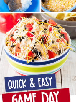 collage of taco dip images with text that reads quick and easy game day taco dip