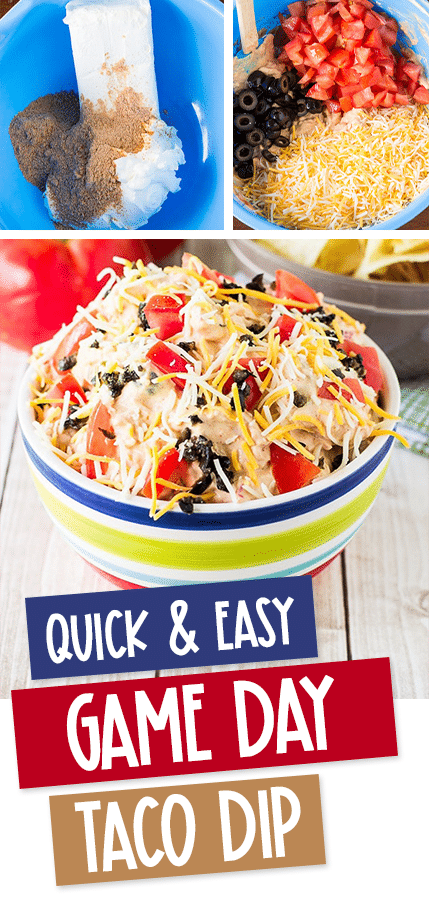 collage of taco dip images with text that reads quick and easy game day taco dip