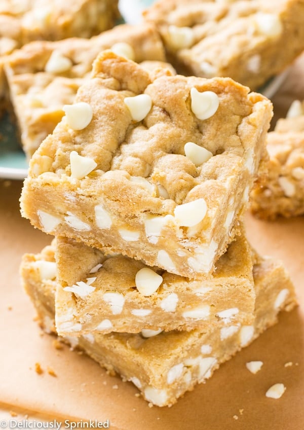 white chocolate blondies cut and served