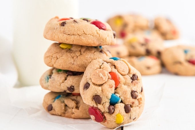 A stack of cookies is presented on a plain white surface. 