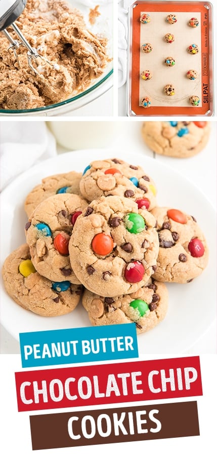 peanut butter chocolate chip cookies with M&Ms