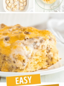 sausage breakfast casserole- eggs, sausage, milk, and cheese on top of pillsbury biscuits. This easy make ahead breakfast casserole is an easy breakfast recipe perfect for holidays and weekends.