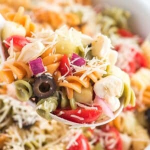 Easy Pasta Salad is the best cold pasta salad with tri color pasta, tomatoes, cucumbers, onions, and mozzarella cheese tossed in olive garden Italian dressing.