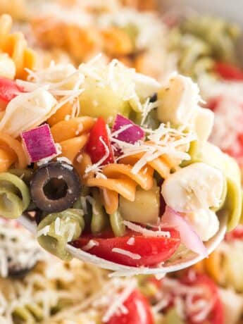 Easy Pasta Salad is the best cold pasta salad with tri color pasta, tomatoes, cucumbers, onions, and mozzarella cheese tossed in olive garden Italian dressing.