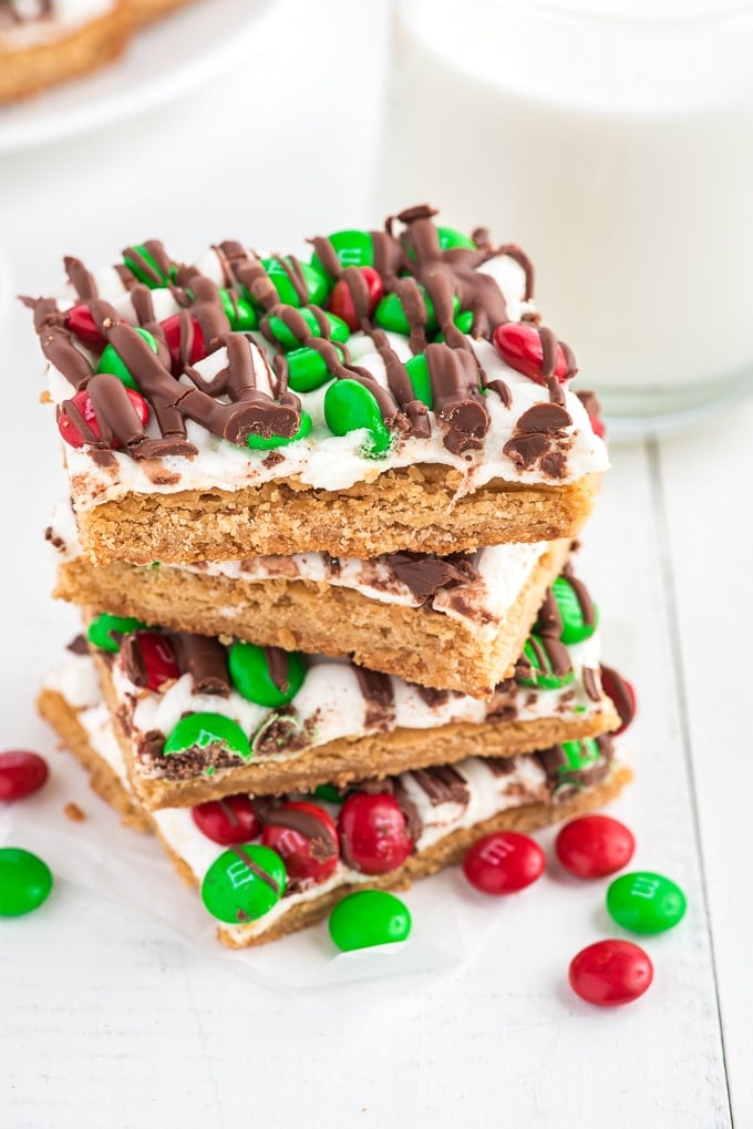 holiday smores bars with marshmallows and m&m candies