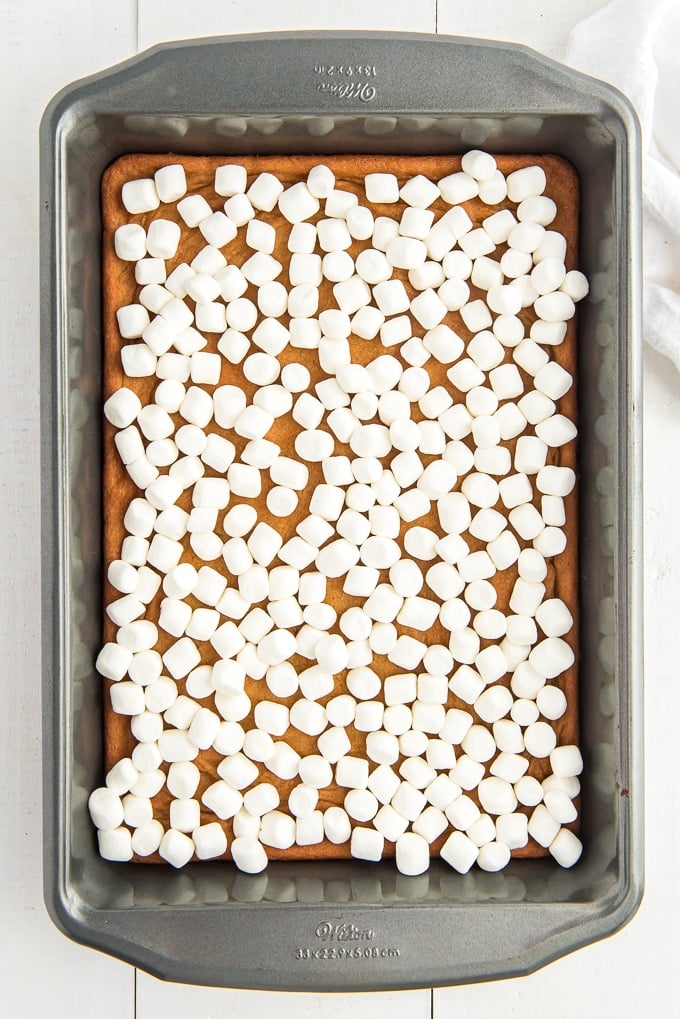 peanut butter cookie dough topped with mini marshmallows