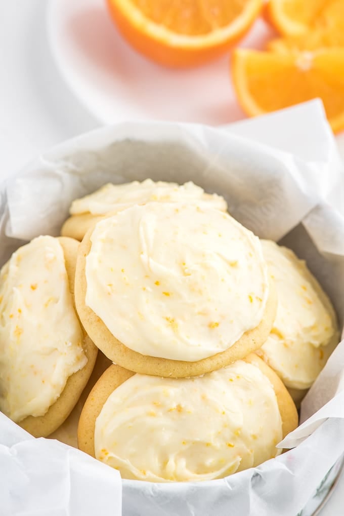 orange creamsicle cookies in a cookie tin