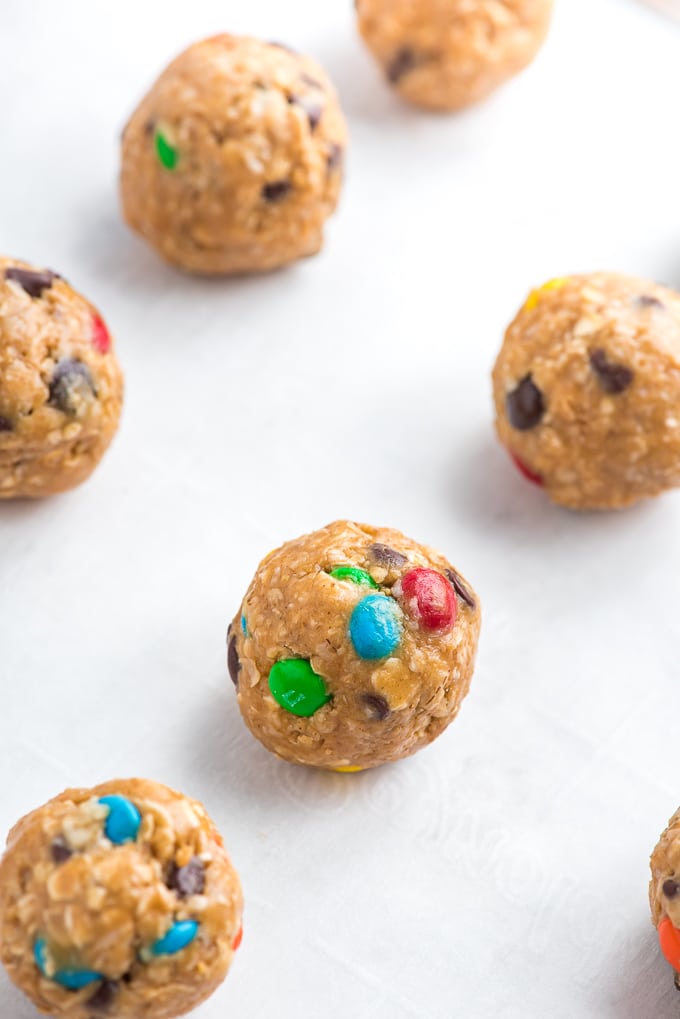 no bake energy bites with m&ms candy