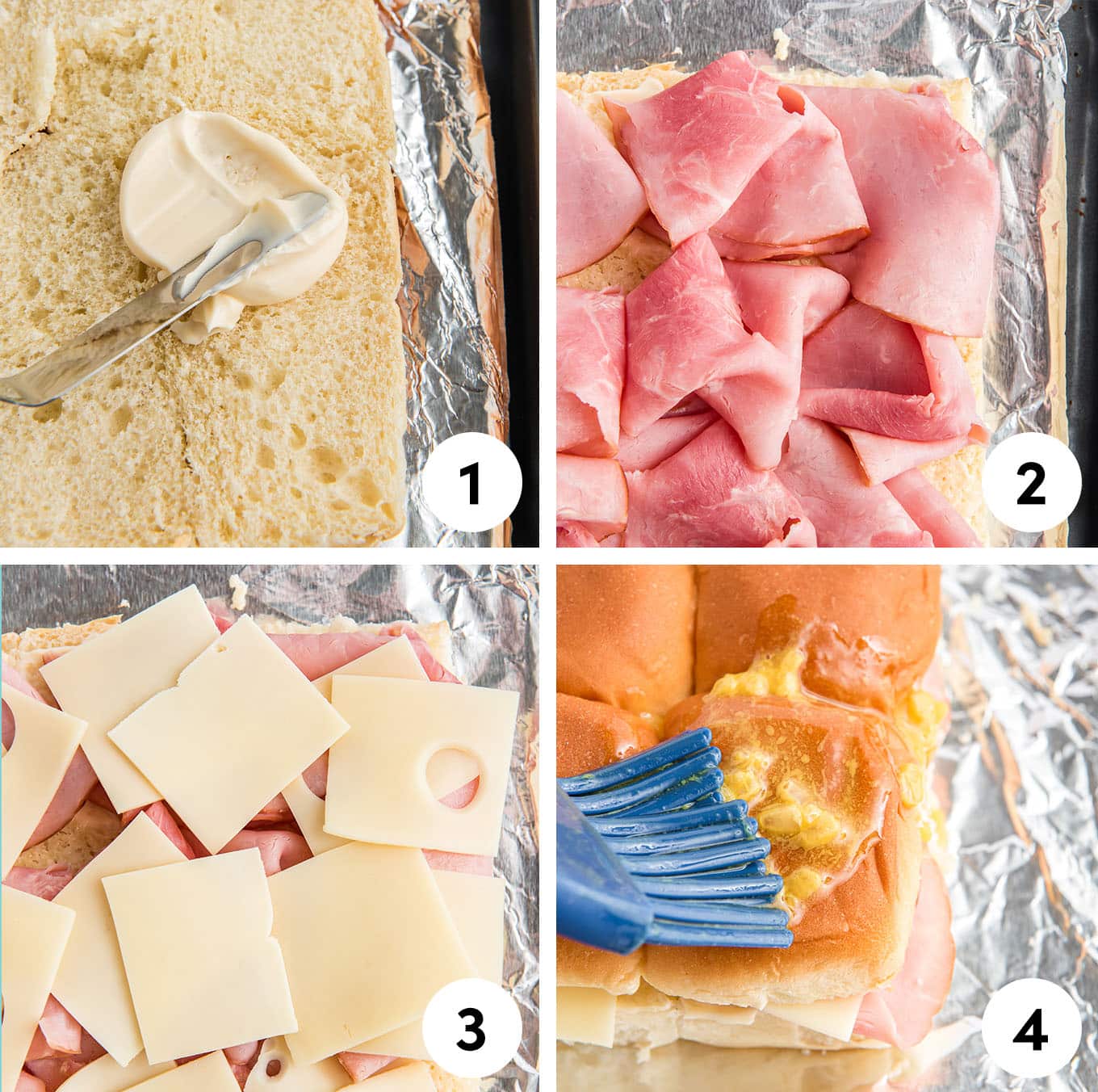 Hawaiian Rolls Sliders with ham and Swiss cheese step by step instructions./ Delicious ham and cheese sliders on soft and sweet Hawaiian rolls, stacked with melted cheese, juicy ham, and topped with a golden-brown glaze, perfect for a quick dinner or appetizer. 