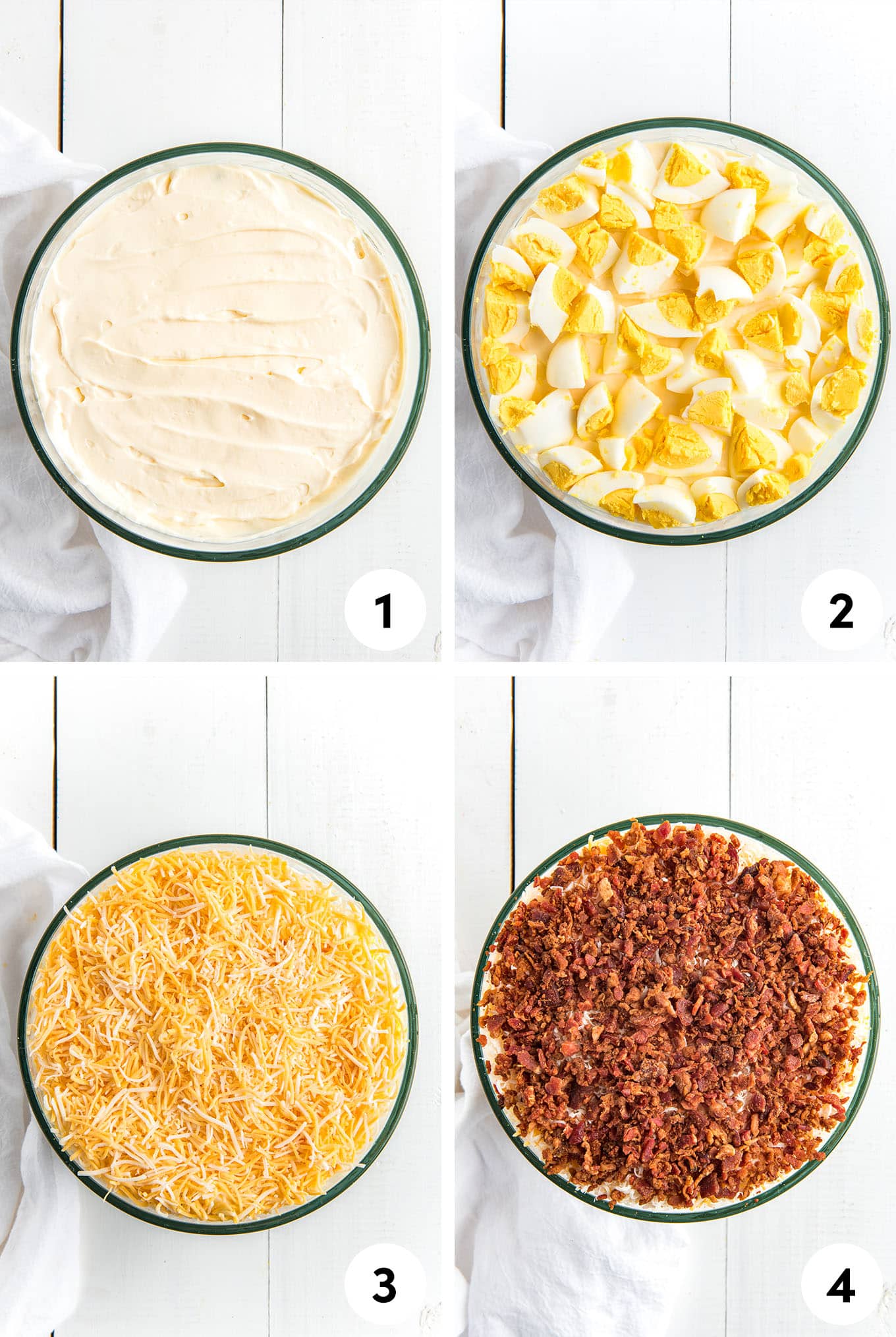 Collage of images showing the layer of the mayo, egg, shredded cheese and bacon.