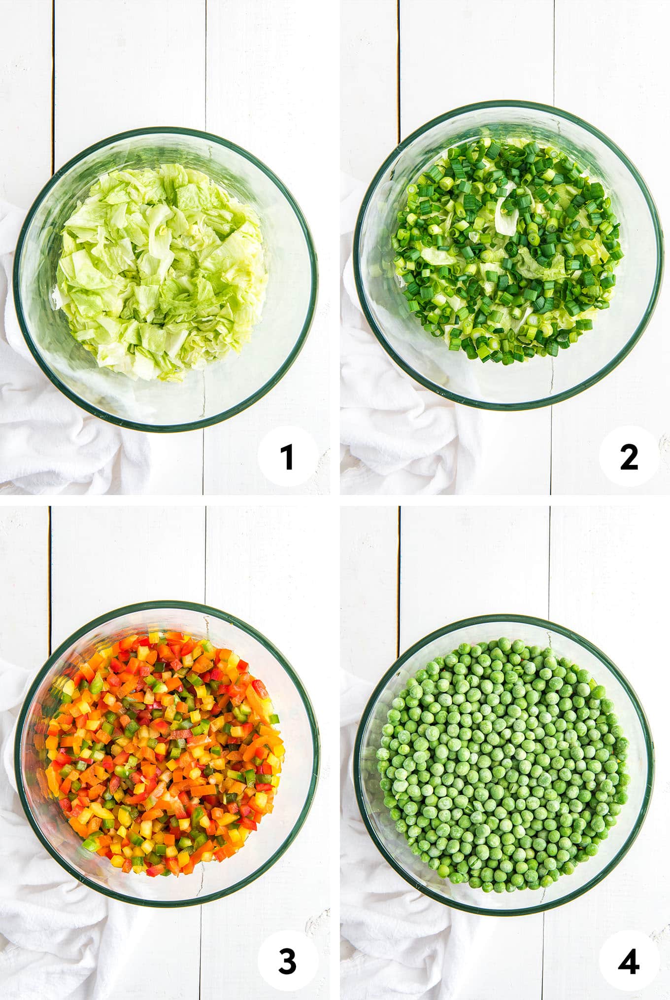 Collage of images showing layering the lettuce, green onions, peppers, and peas.