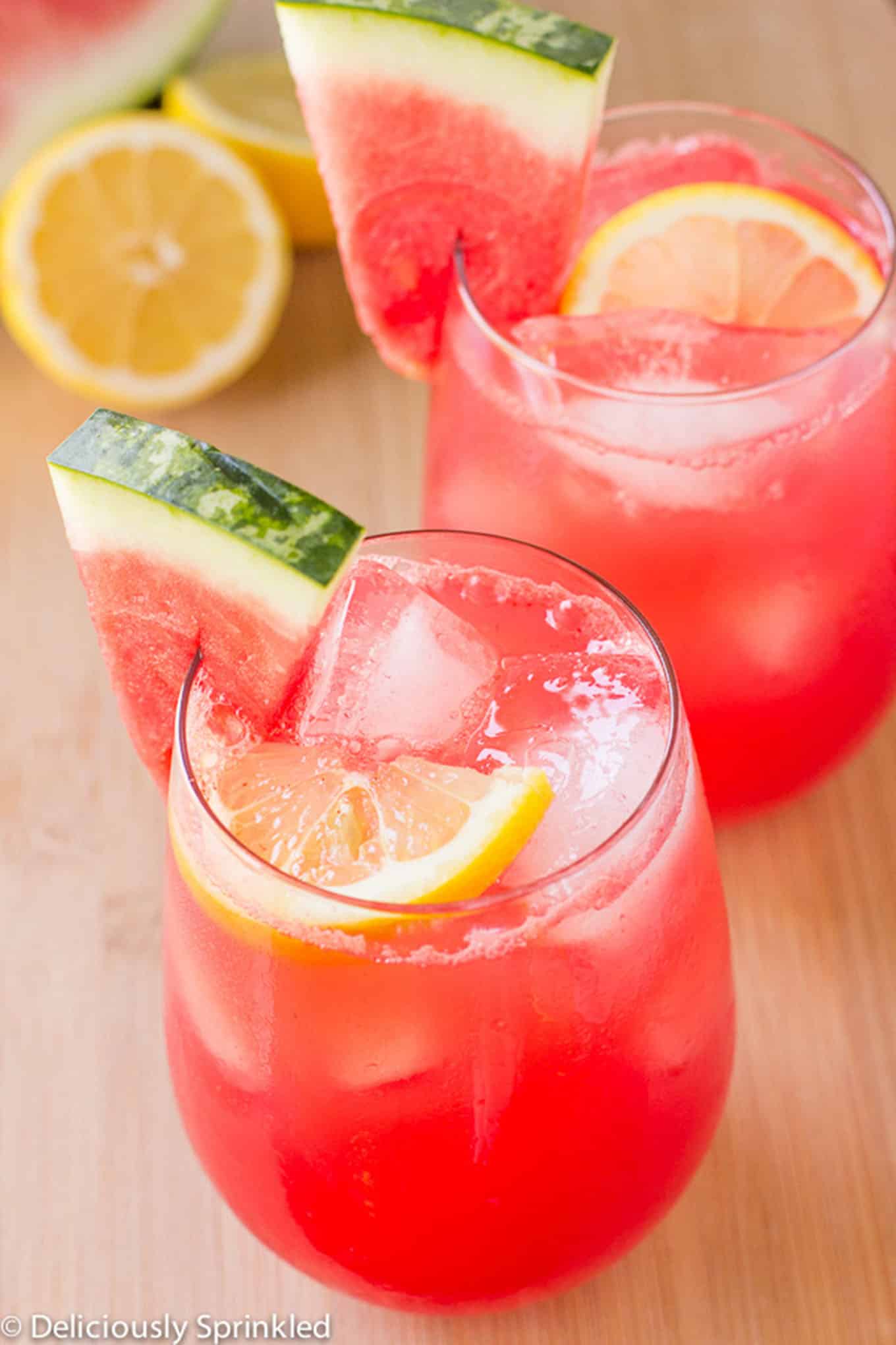 watermelon lemonade in a glass with ice. 