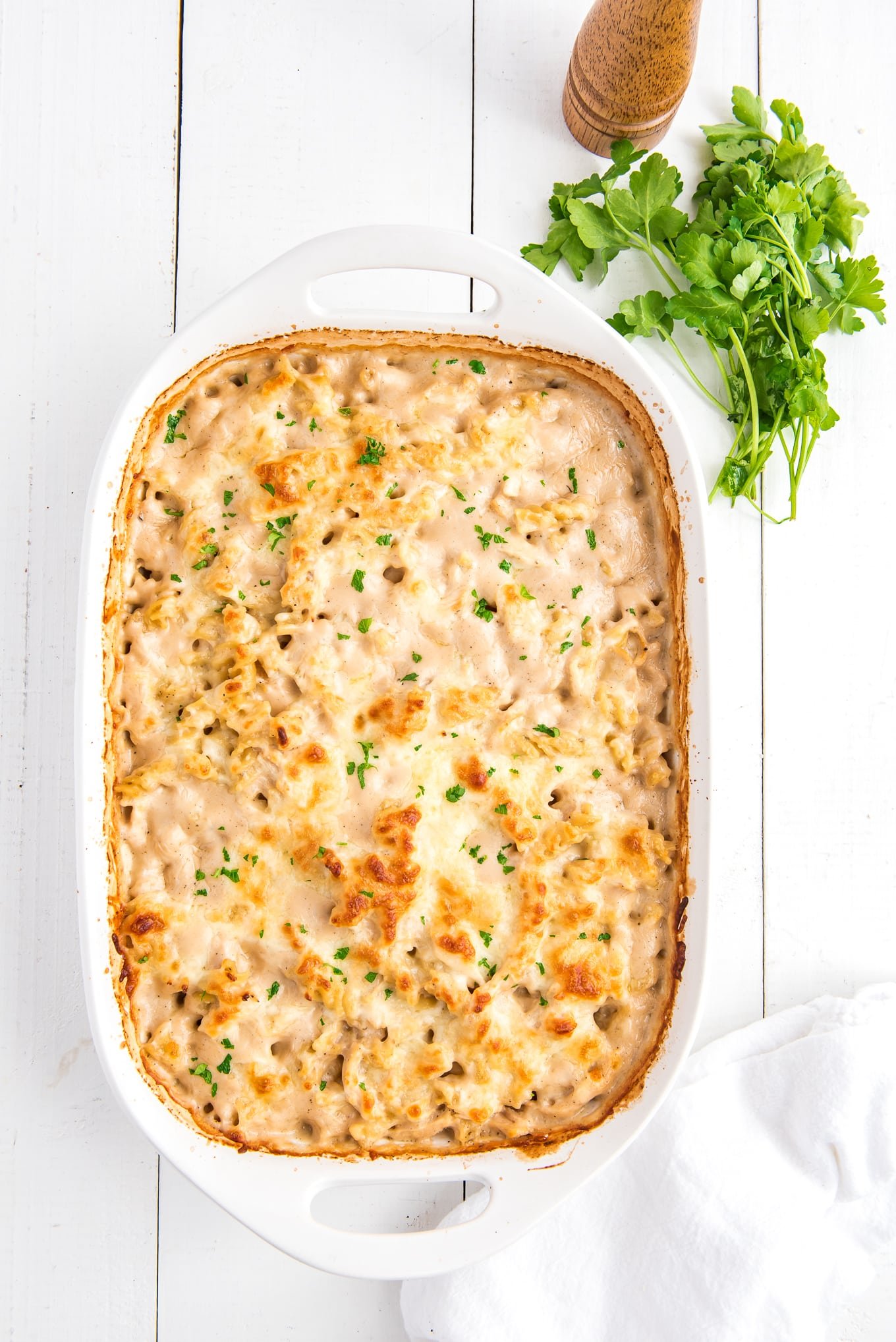 An overhead dish of chicken alfredo bake in a baking dish with a few sprigs of parsley on the side.