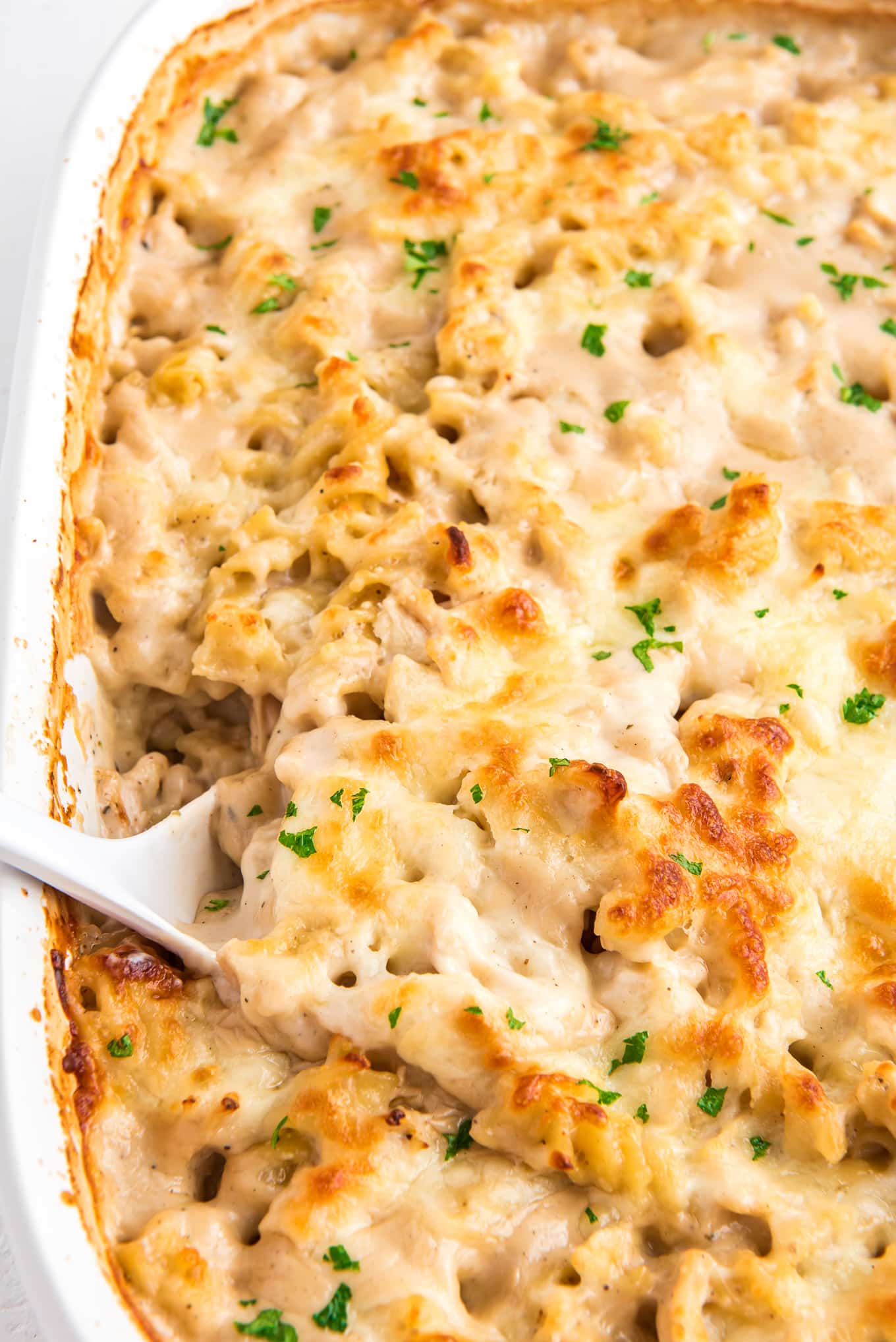 A casserole dish scooping up a portion of baked chicken alfredo.