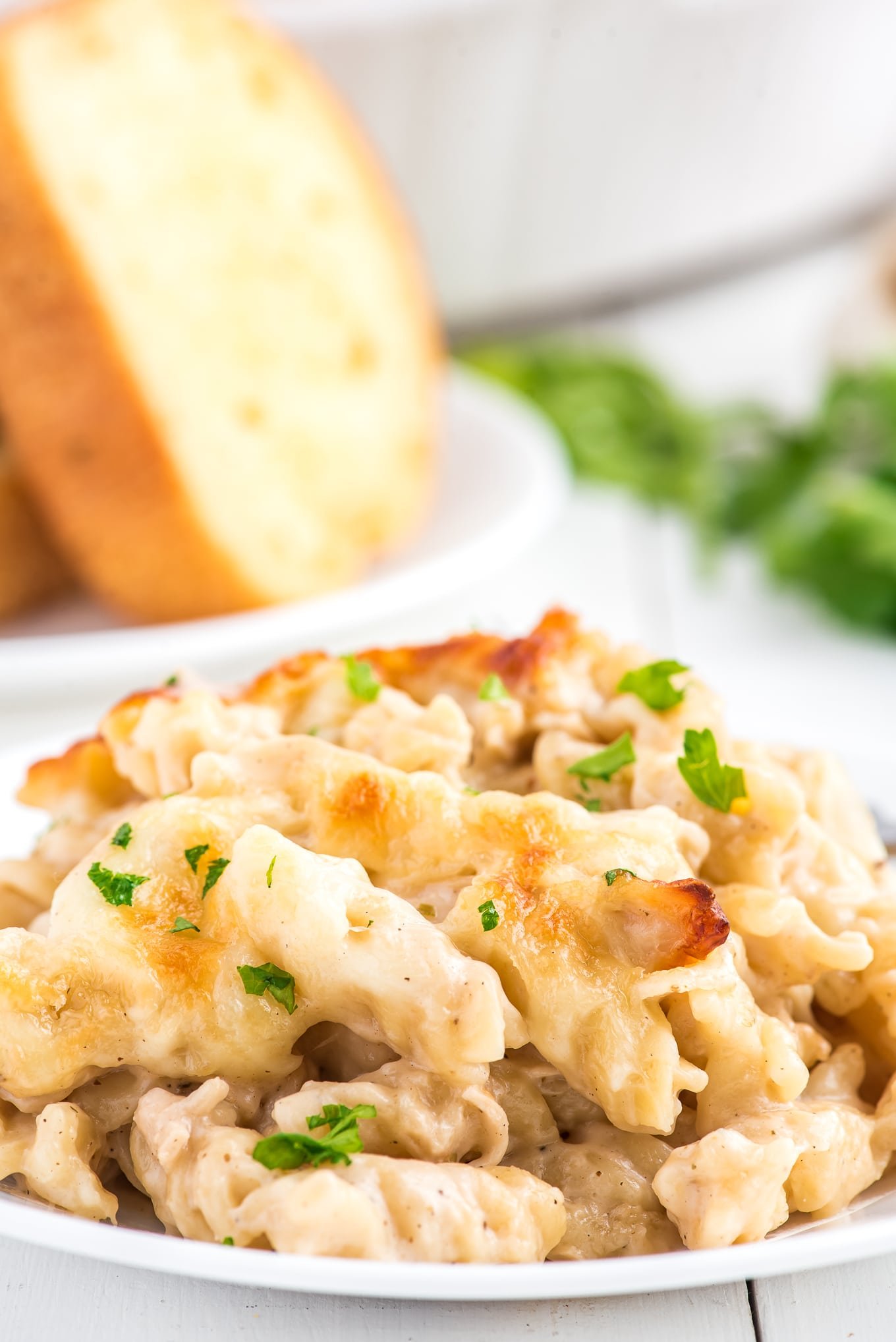 A plate of chicken alfredo pasta bake on the table with garlic bread behind it.