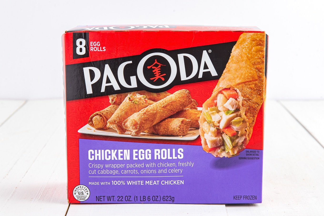 Box of frozen Pagoda egg rolls for the air fryer recipe. 