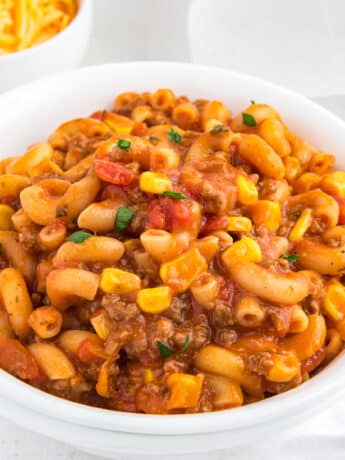 A serving of goulash in a bowl.