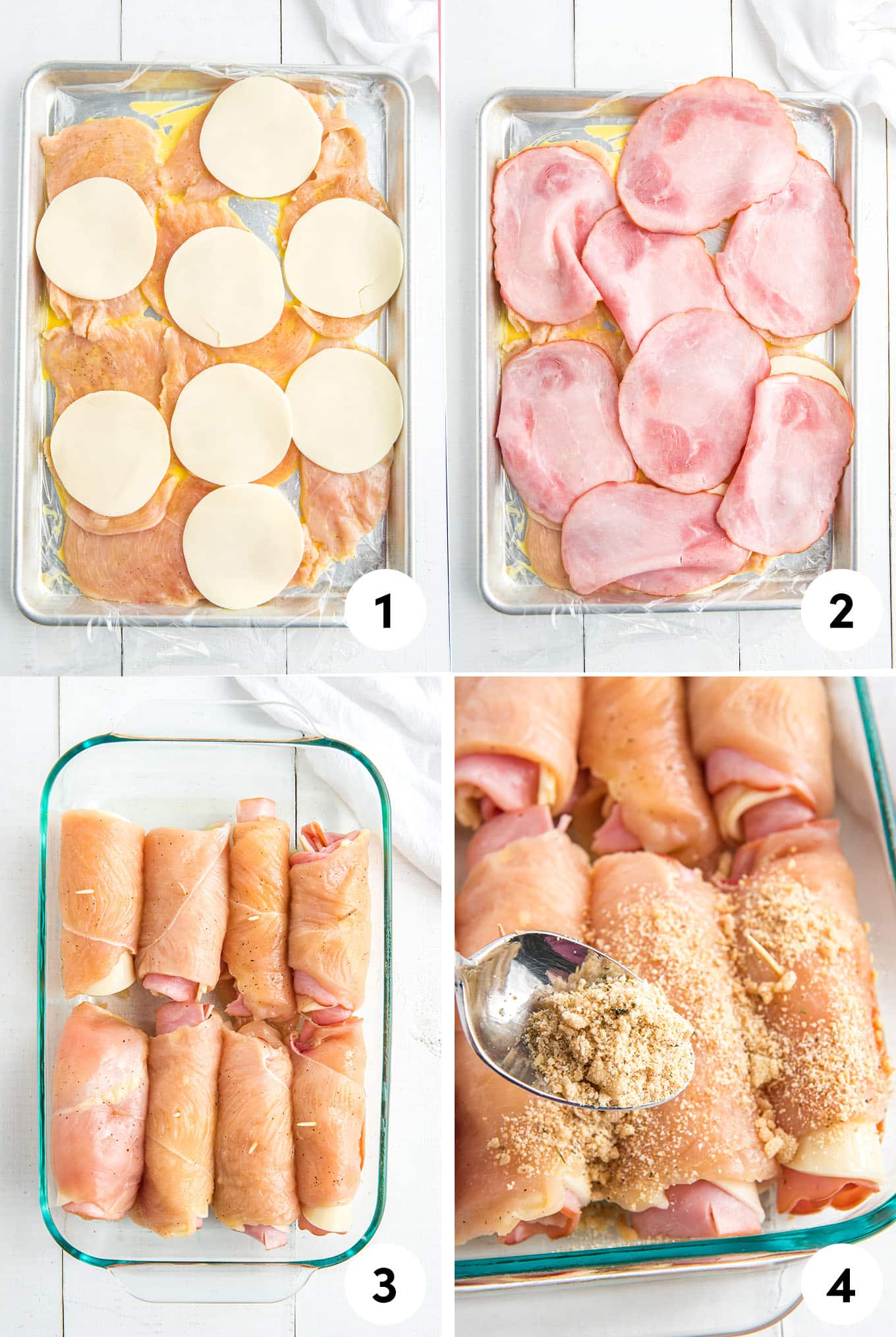 Collage showing topping the chicken with cheese, then the ham, the chicken rolled up and topping the breadcrumb.