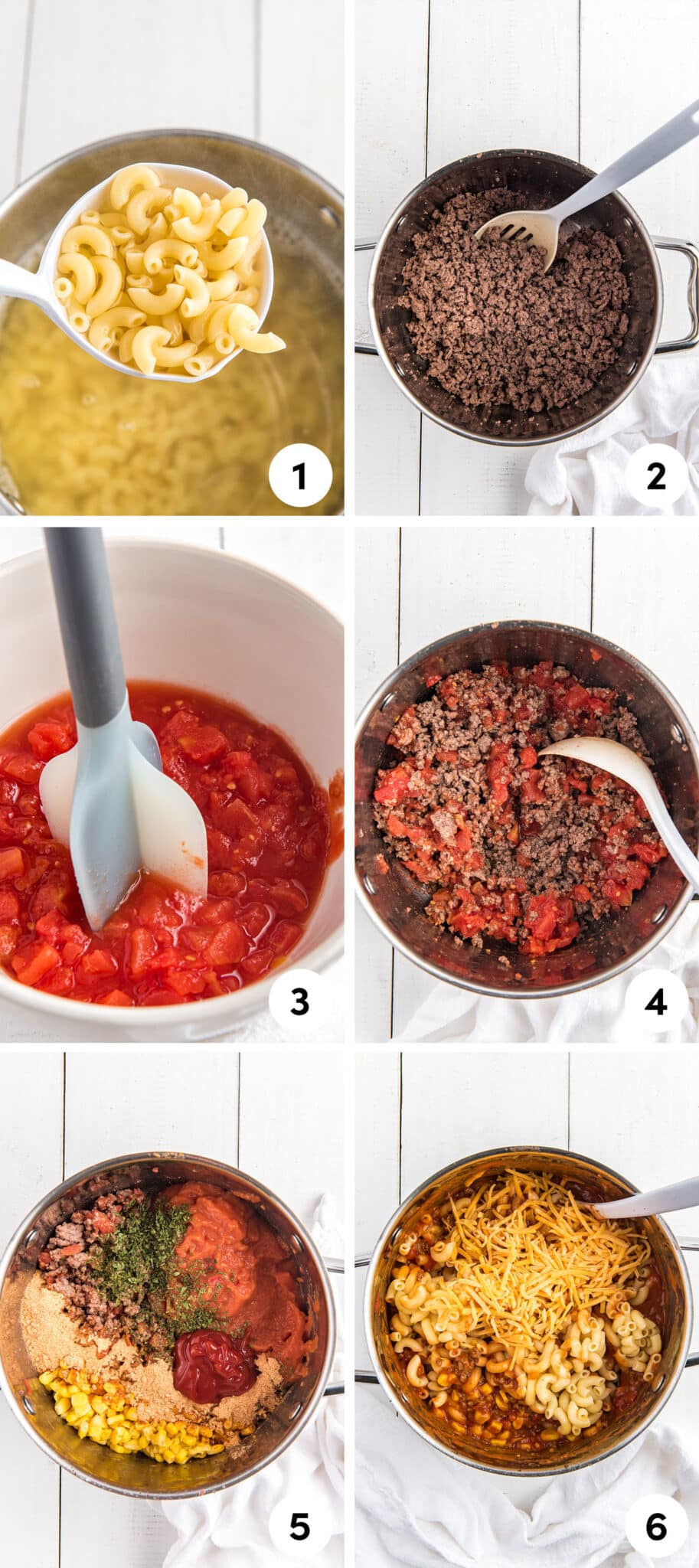 A numbered collage showing all the steps to make goulash for dinner.