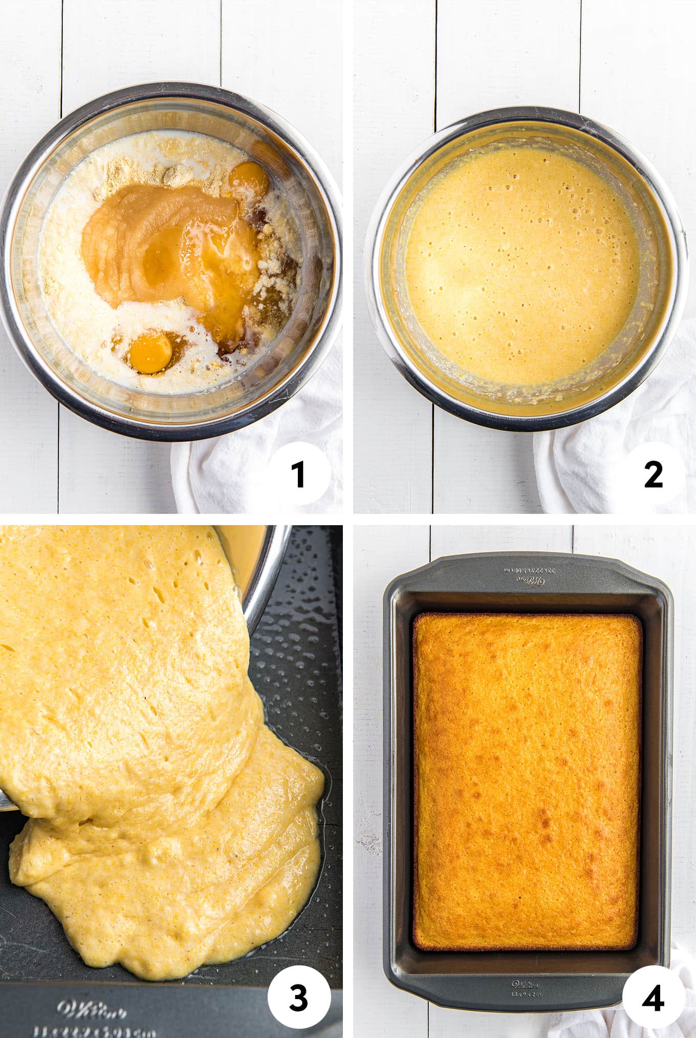 A collage of images showing mixing and baking cornbread with Jiffy corn muffin mix.