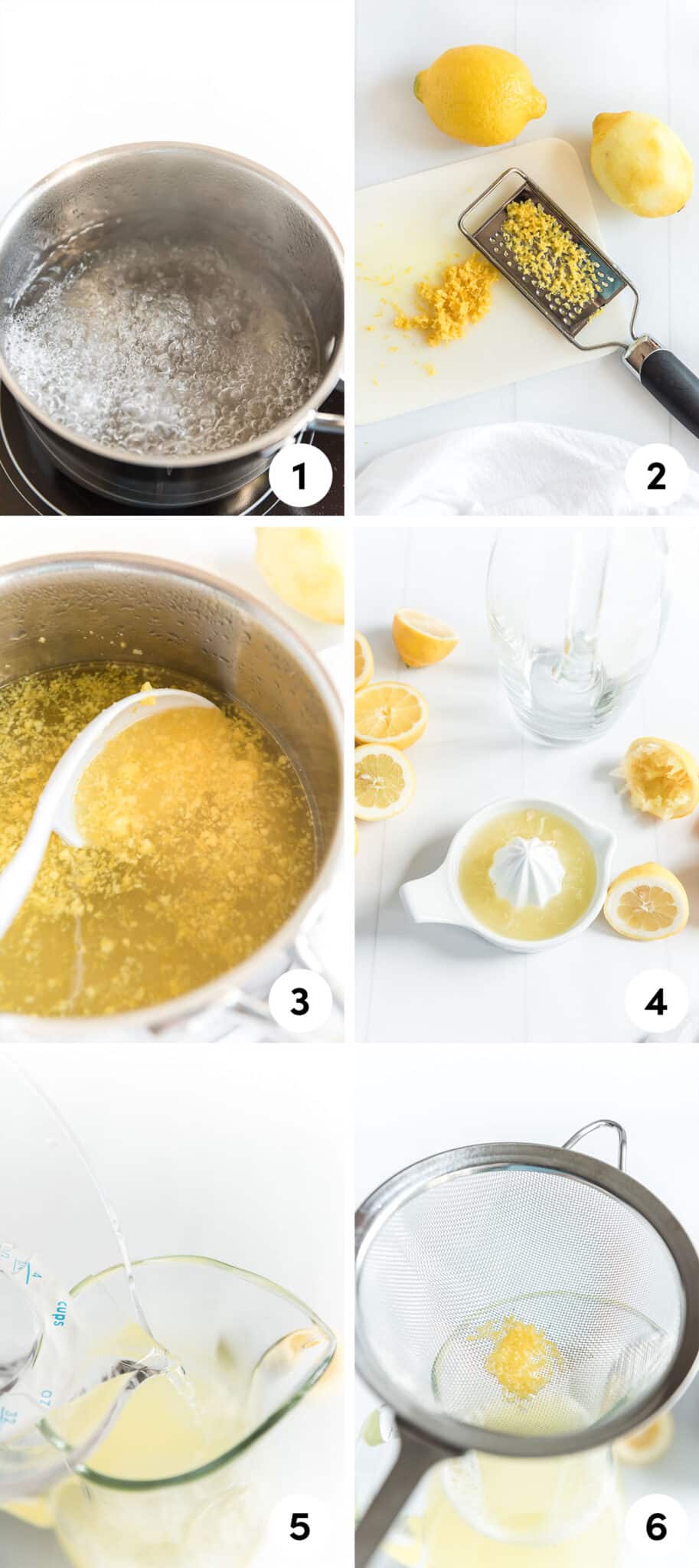 Step by step picture guide for the recipe. Picture 1 boiling water, picture 2 zesting lemon, picture 3 adding lemon zest to water, picture 4 juicing lemon, picture 5 adding lemon juice to pitcher, and picture 6 adding the cooled zest sugar water. 