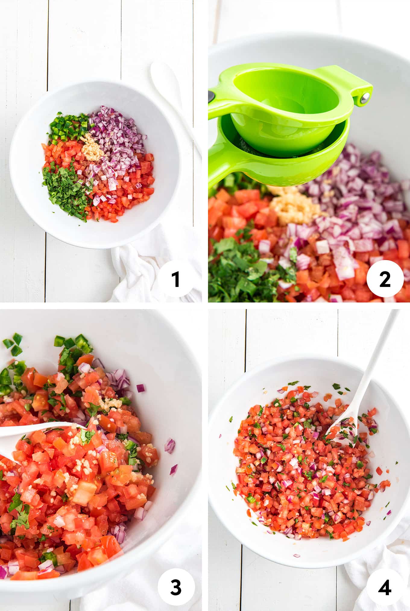 Collage of images showing how to make salsa fresca.