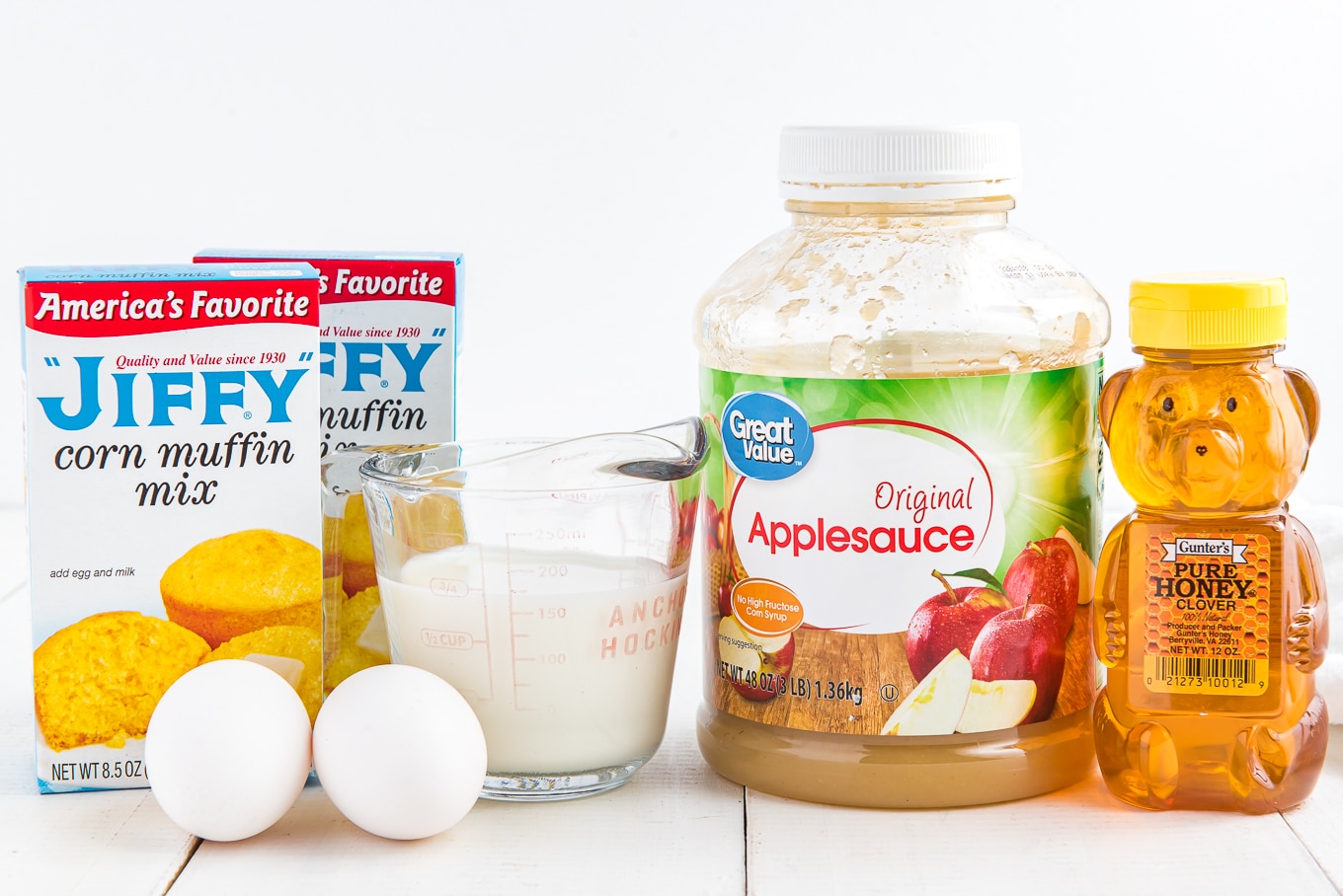 Ingredients on the counter to make a healthy cornbread with Jiffy mix.
