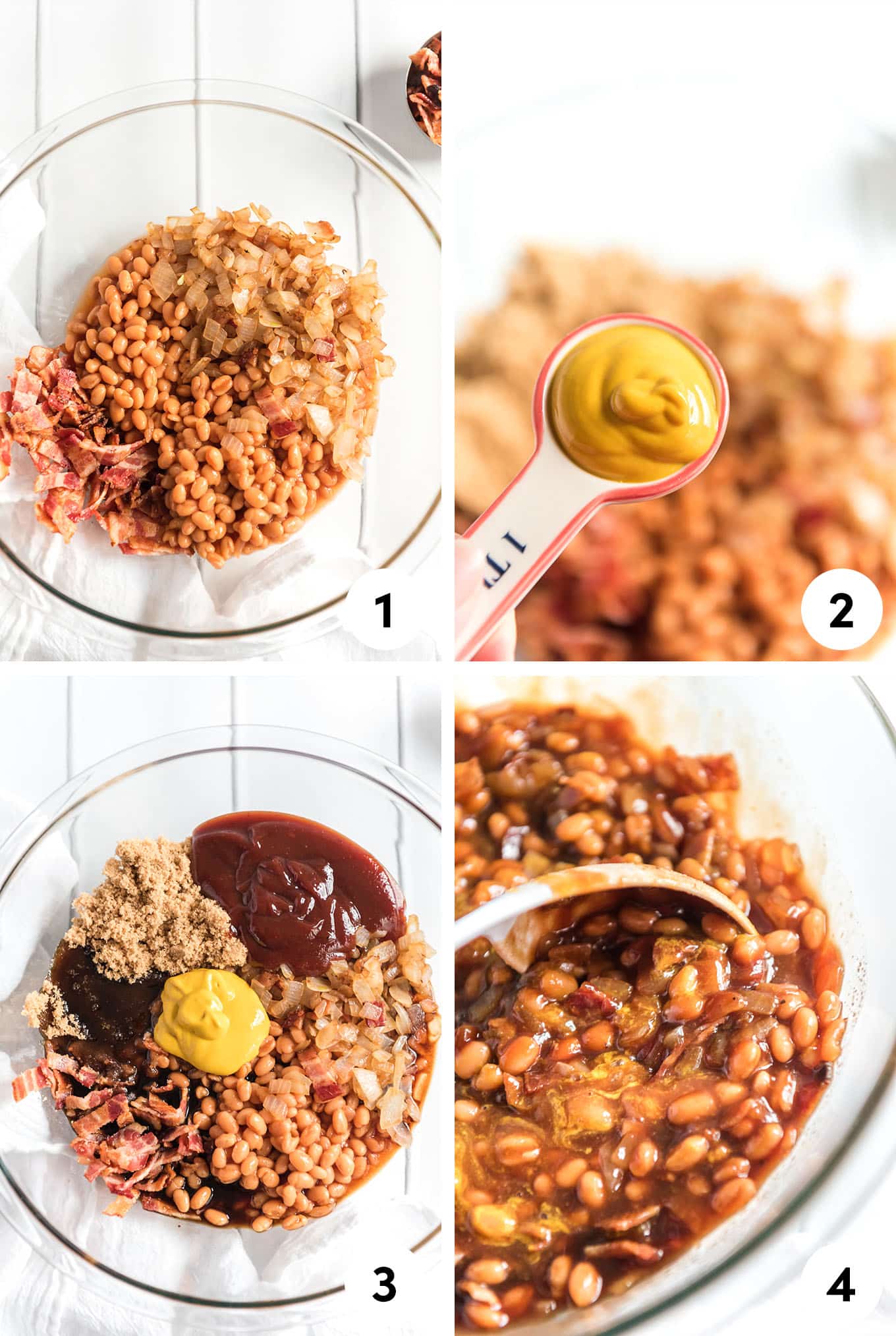 A collage showing the different steps to make bbq baked beans from scratch.