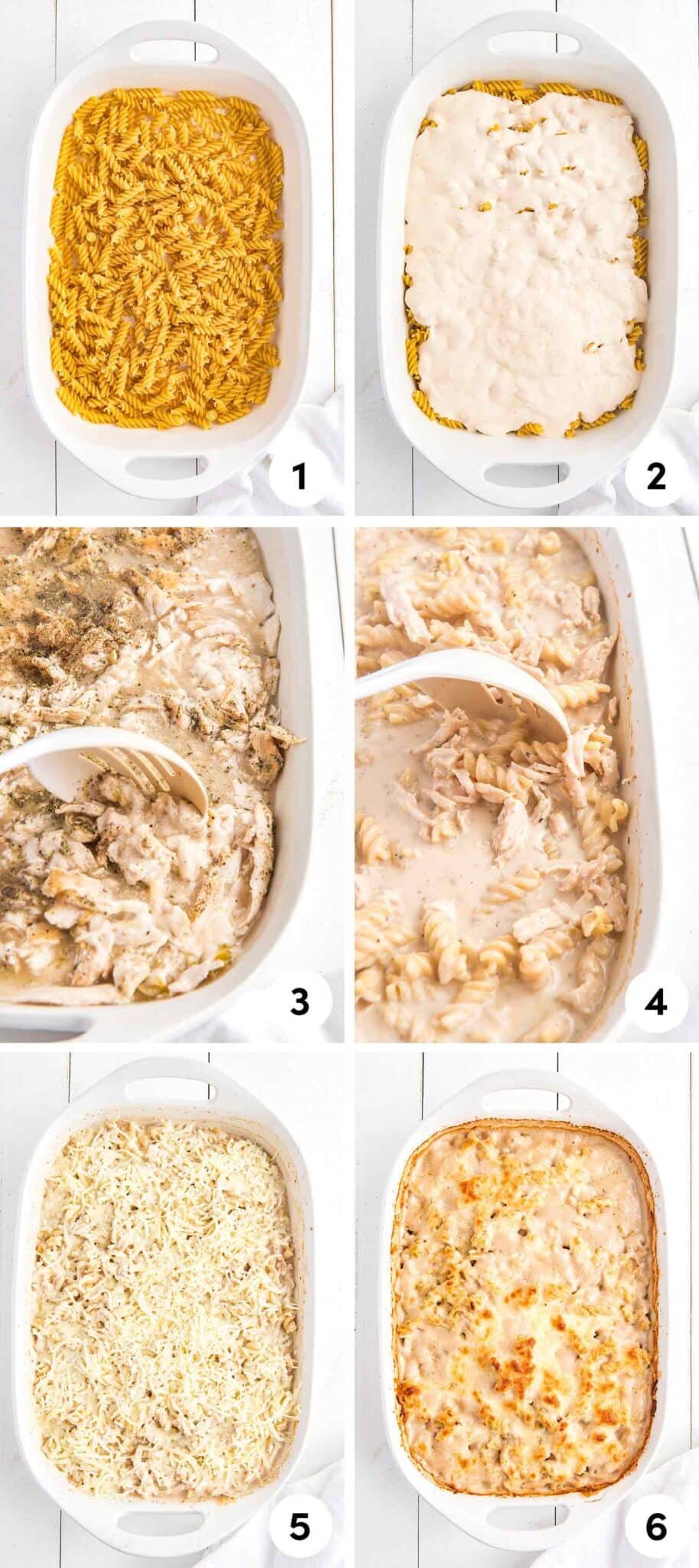 Showing how to make chicken Alfredo bake in a 6 step collage. 
