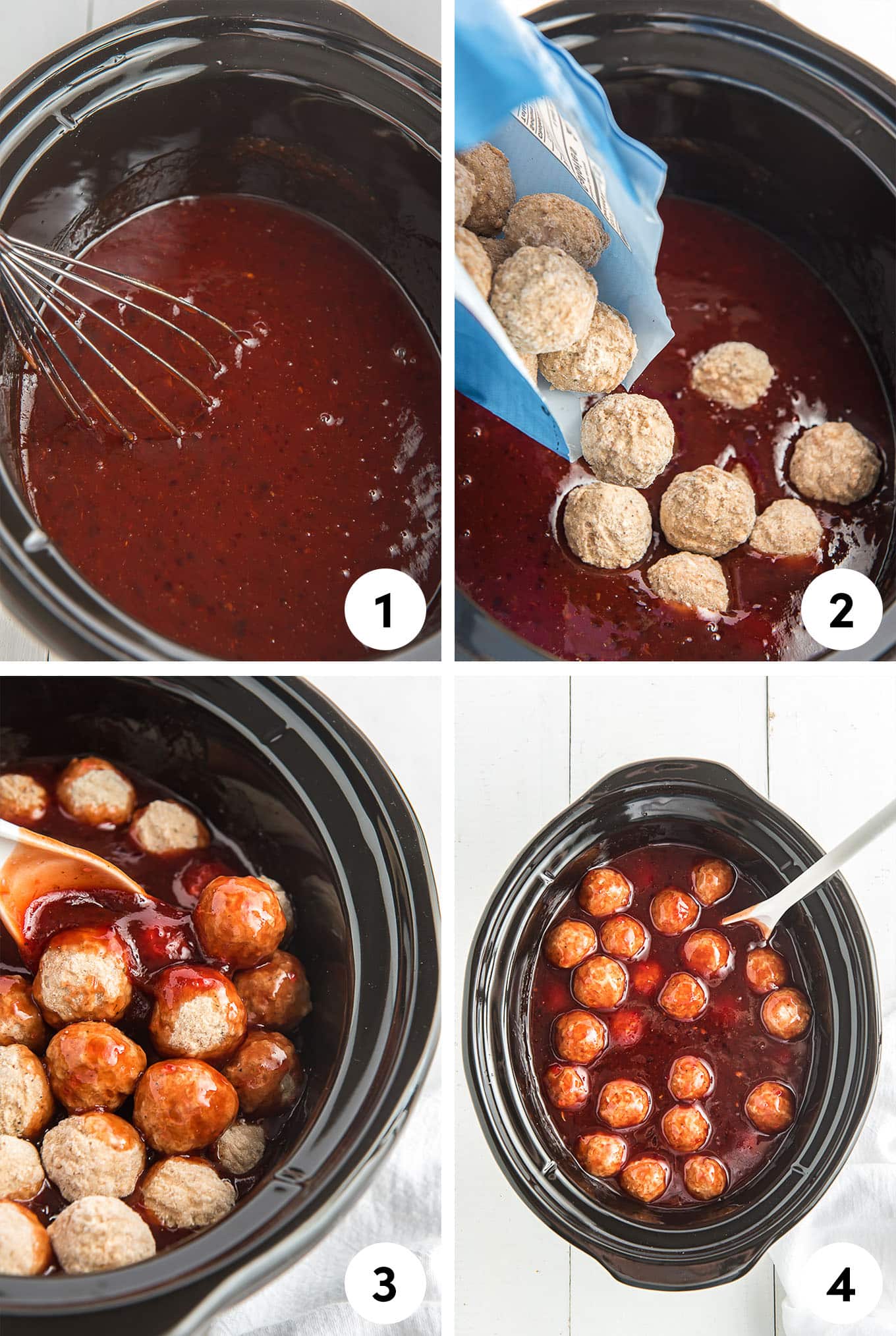 Collage of steps to make crockpot meatballs from stirring the sauce and adding the meatballs to cook.