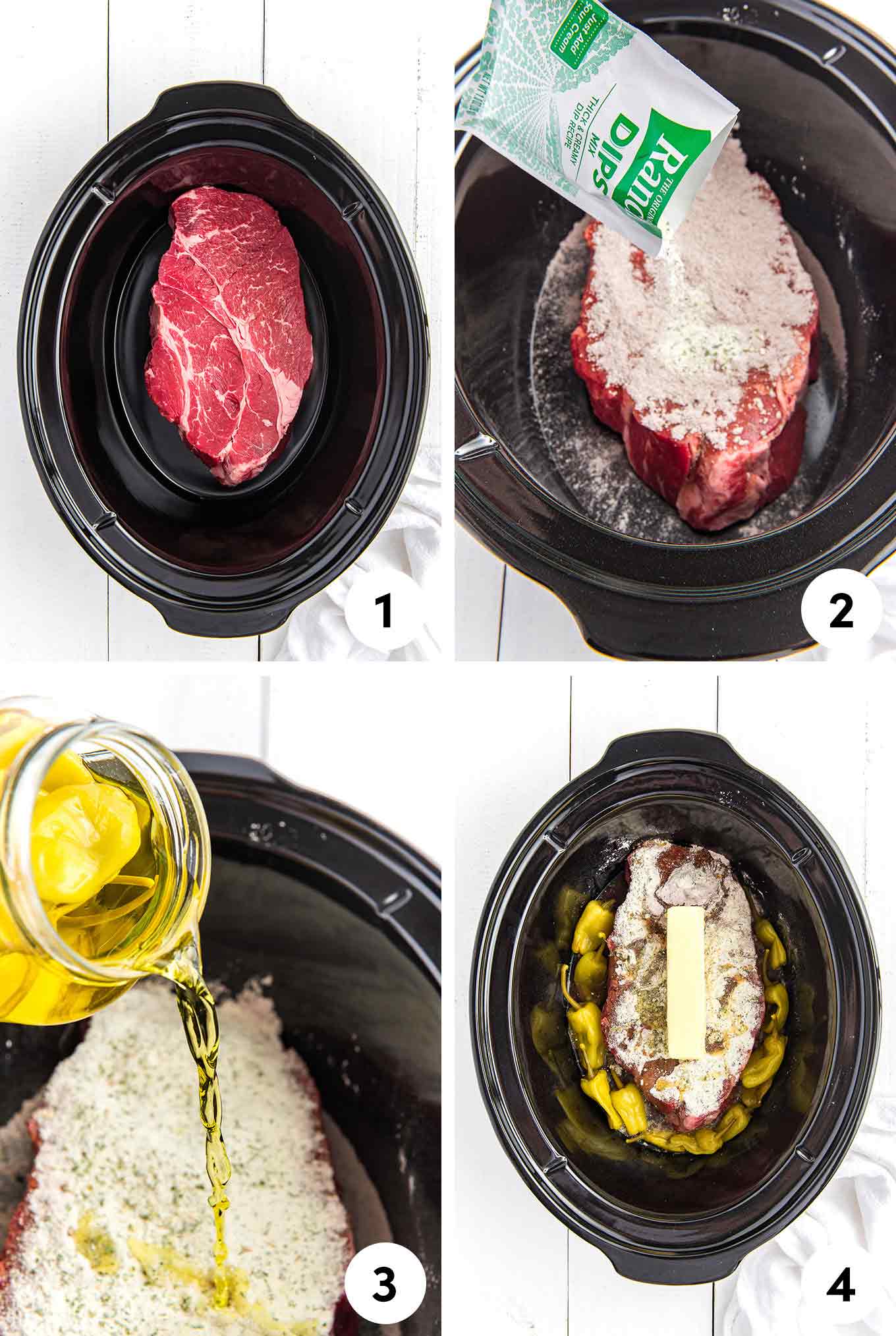 A collage of images showing how to make pot roast in the crockpot.