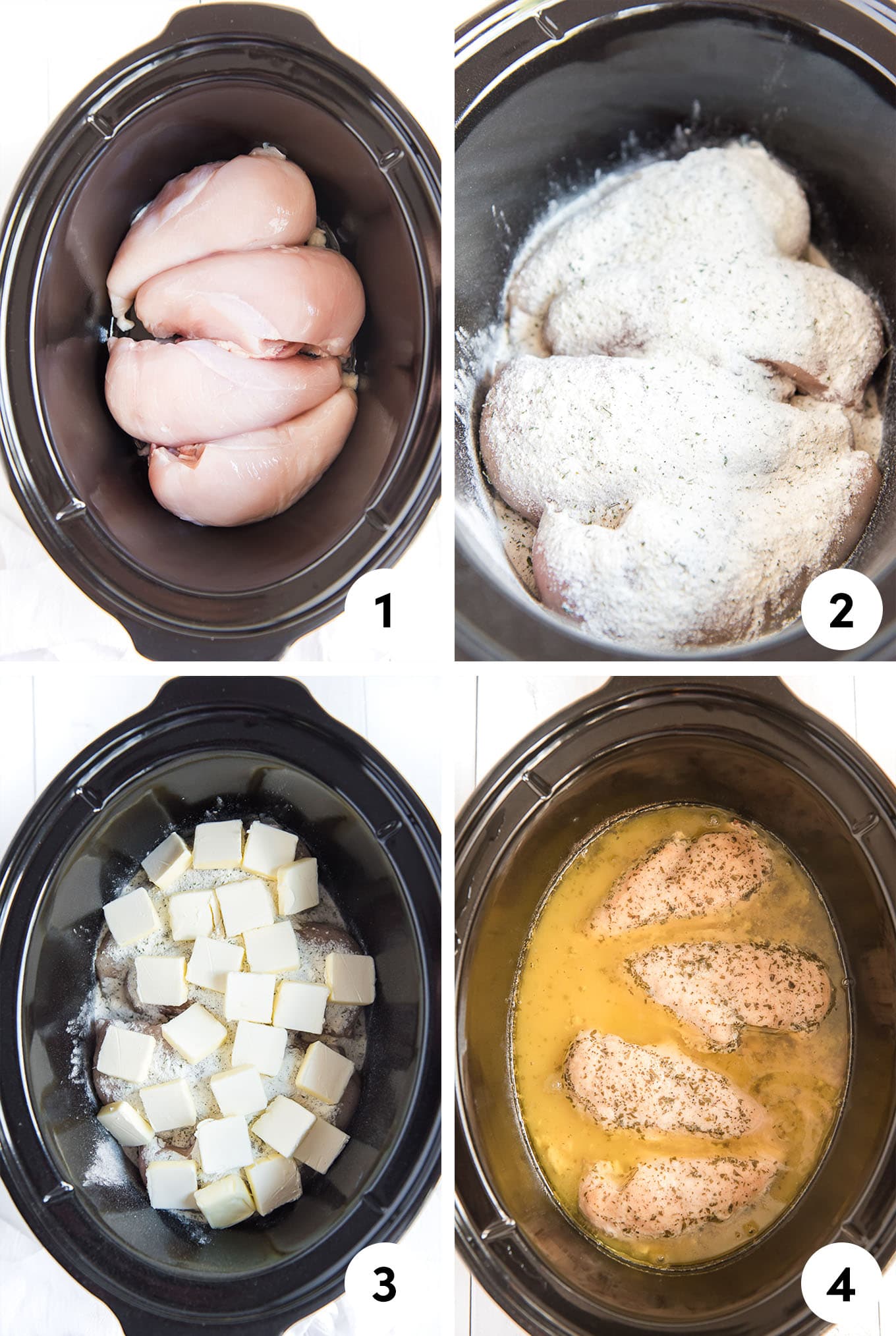 step by step process photos of the chicken in the crockpot. 