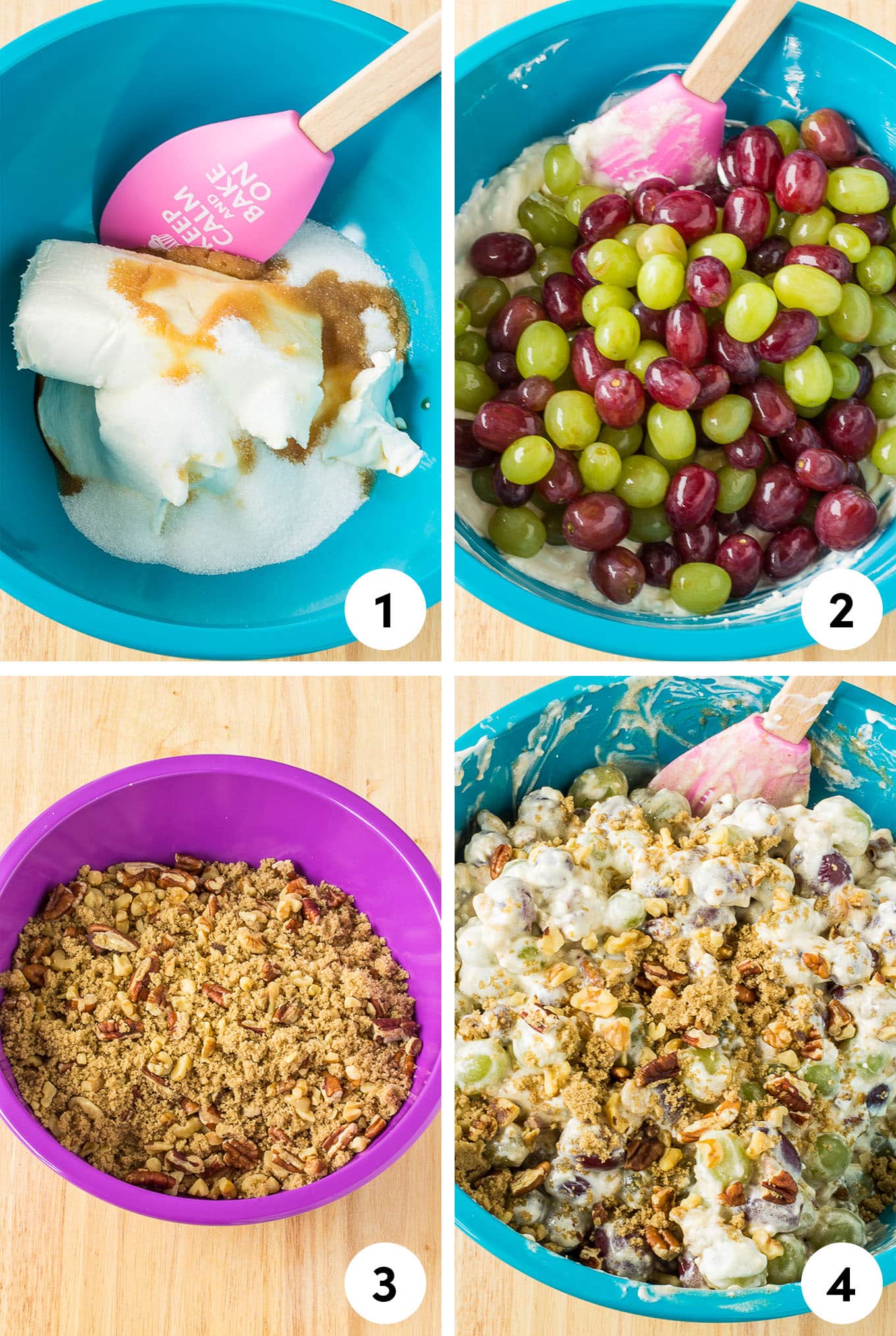 A collage of images showing making grape salad including mixing the creamy base, adding the grapes, and finally the topping.